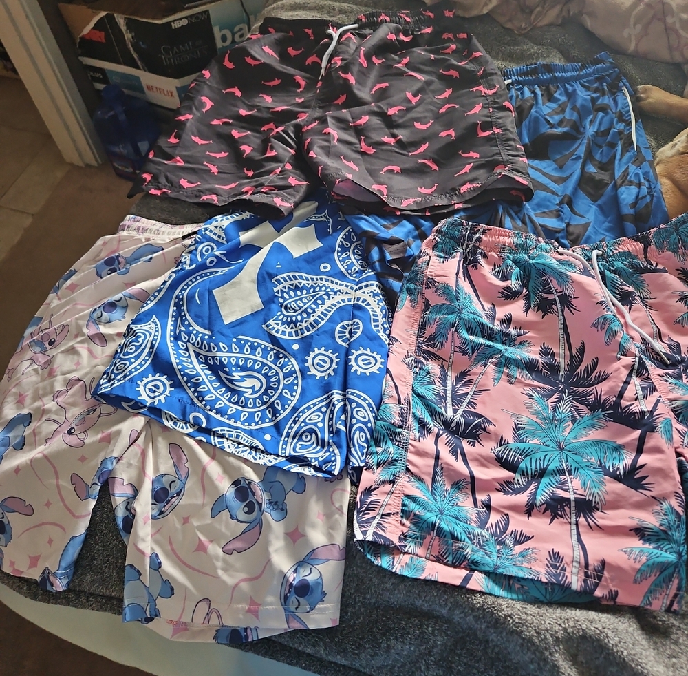 Assorted Men's Swim Shorts - Pink Palm, Blue Bandana, Character & Dolphin Prints